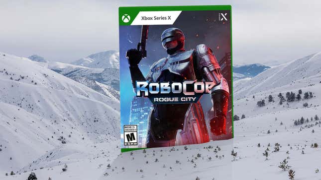 An image shows a massive game box in a snowy mountain range. 