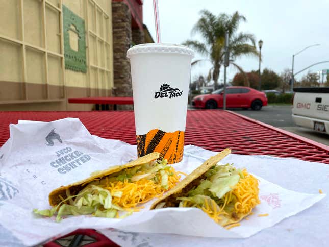 Del Taco tacos at a Del Taco restaurant in Fairfield, California.