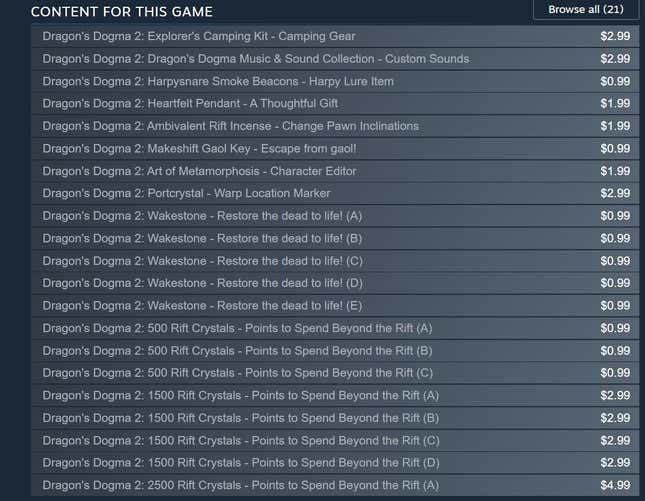 A screenshot shows microtransactions for Dragon's Dogma 2 on Steam. 