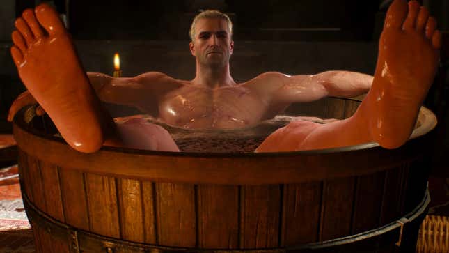Geralt lounges in a barrel of water. 