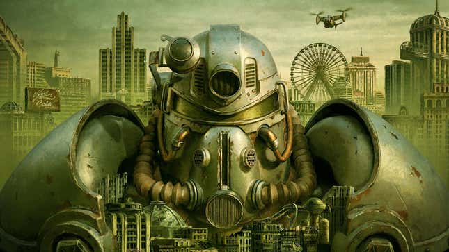 An image shows a Fallout character wearing a big suit of power armor. 