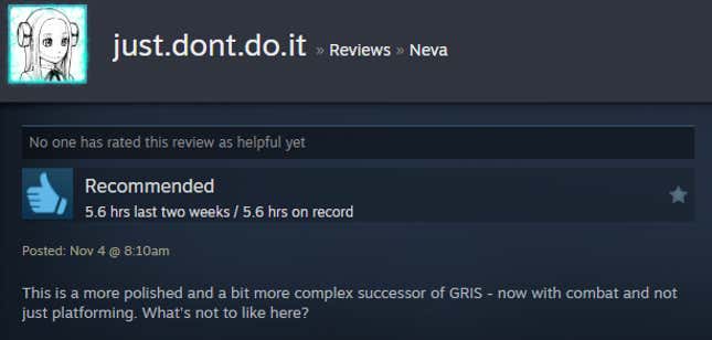 A screenshot shows a Steam user review from Neva.