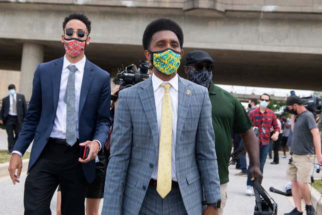 Baltimore Mayor Brandon Scott is seen after a news conference last May. Scott met with leaders of the counties between Baltimore and D.C. to discuss the idea of a regional ‘vaccine passport’ this week.