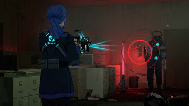 A character with blue hair pulled back in a ponytail, standing in a somewhat low-poly environment of filing cabinets, points a strange device which projects red concentric circles toward a figure.