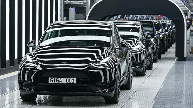 A photo of Tesla cars rolling off a production line in Germany. 