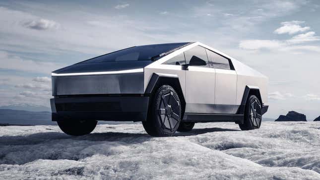 Front 3/4 view of a Tesla Cybertruck in snow