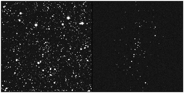 Una imagen de cielo profundo de la región que contiene el cúmulo de estrellas (izquierda) y el propio cúmulo (derecha).