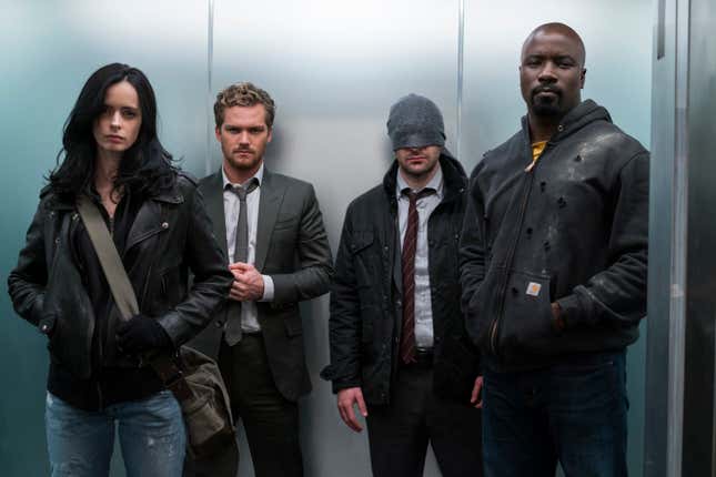 Krysten Ritter, Finn Jones, Charlie Cox, and Mike Colter in Marvel’s The Defenders