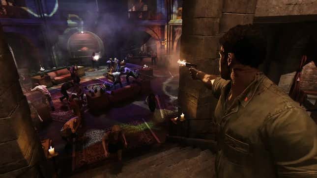 A screenshot of Lincoln opening fire on enemies in Mafia 3. 