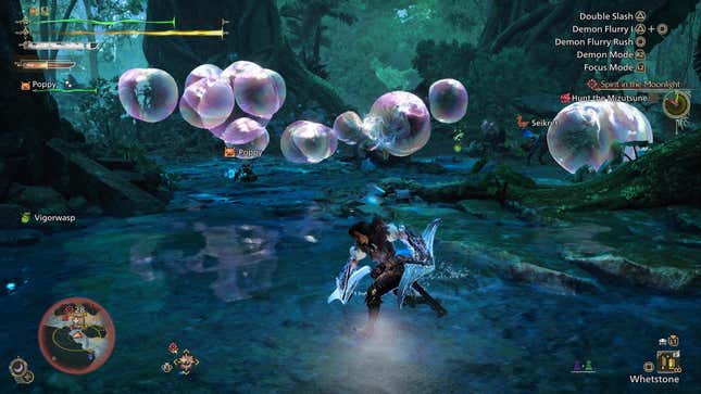 A Mizutsune shoots out multiple bubbles towards a running hunter.