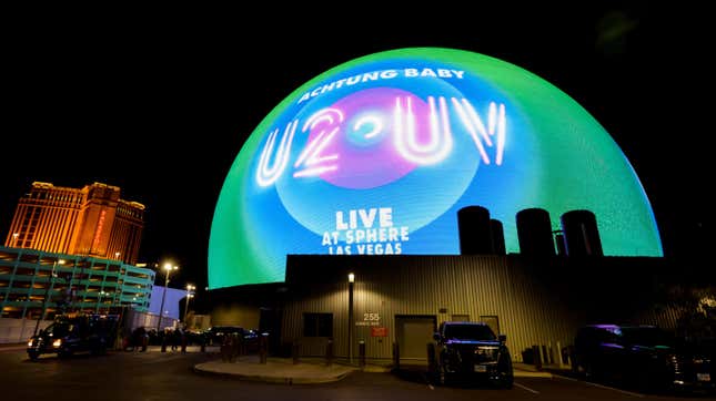 Sphere displays the name of the band U2's residency "U2:UV Achtung Baby Live at Sphere" during the venue's grand opening on September 29, 2023 in Las Vegas, Nevada.