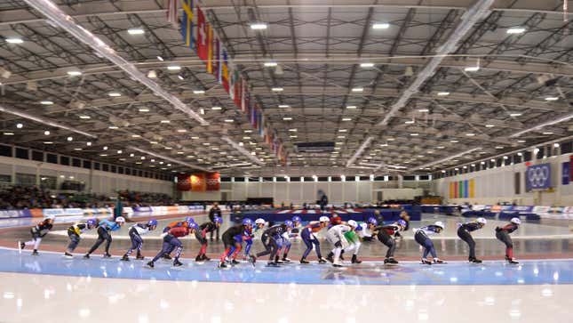 FILE - Skaters compete during women&#39;s mass start race at the World Cup speedskating event at the Utah Olympic Oval, on Dec. 5, 2021, in Kearns, Utah. Salt Lake City&#39;s enduring enthusiasm for hosting the Olympics will be on full display Wednesday, April, 10, 2024, when members of the International Olympic Committee come to Utah for a site visit ahead of a formal announcement expected this July to name Salt Lake City the host for the 2034 Winter Olympics. (AP Photo/Rick Bowmer, File)