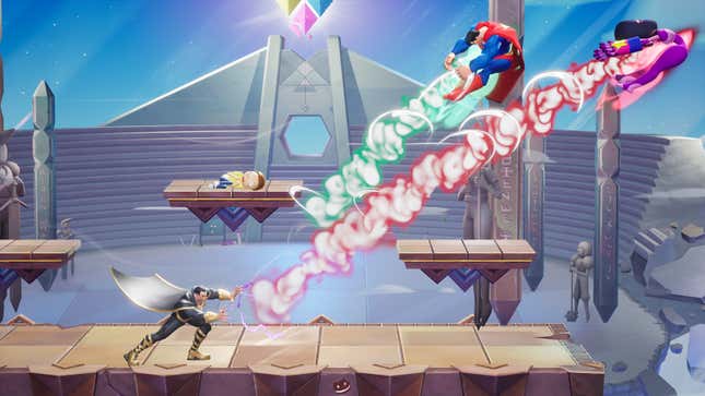 Two characters are thrown into the air from a MutiVersus arena by Black Adam's colorful attacks.