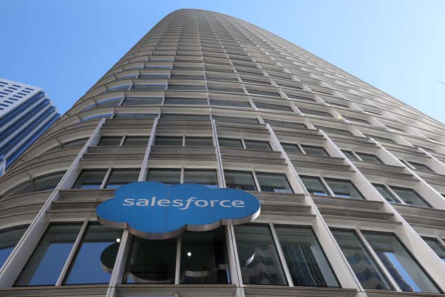 A sign is posted at Salesforce headquarters on February 28, 2024 in San Francisco, California. 