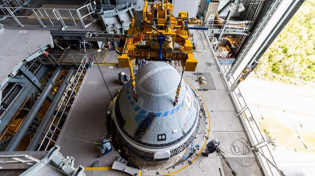 Boeing’s Starliner being mounted on top of the Atlas V rocket in preparation for the Crew Flight Test.