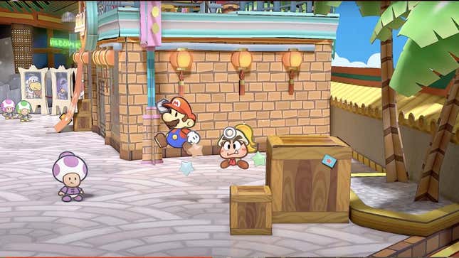 Paper Mario jumping in the air in a stone floored town square