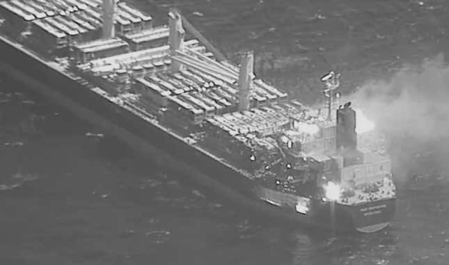 This black-and-white image released by the U.S. military&#39;s Central Command shows the fire aboard the bulk carrier True Confidence after a missile attack by Yemen&#39;s Houthi rebels in the Gulf of Aden on Wednesday, March 6, 2024. A missile attack by Yemen&#39;s Houthi rebels on a commercial ship in the Gulf of Aden on Wednesday killed three of its crew members and forced survivors to abandon the vessel, the U.S. military said. It was the first fatal strike in a campaign of assaults by the Iranian-backed group over Israel&#39;s war on Hamas in the Gaza Strip. (U.S. Central Command via AP)