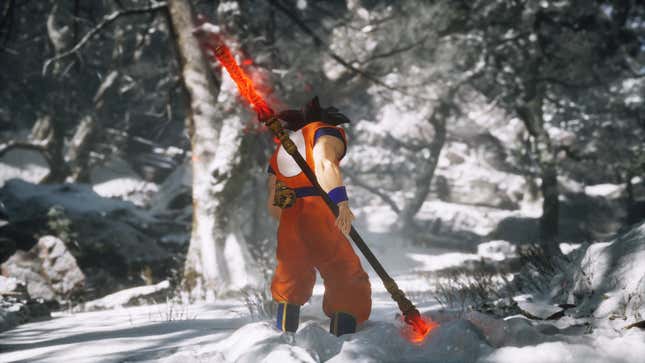 Goku looked out over the snowy forest. 