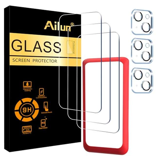 Image for article titled Ailun 3 Pack Screen Protector for iPhone 15 [6.1 inch] + 3 Pack Camera Lens Protector with Installation Frame, Now 15% Off