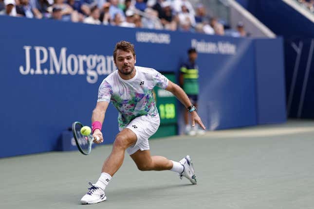 Sep 2, 2023; Flushing, NY, USA; Stan Wawrinka of Switzerland reaches for a forehand against Jannik Sinner of Italy (not pictured) on day six of the 2023 U.S. Open tennis tournament at USTA Billie Jean King National Tennis Center.