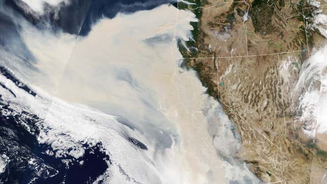 Satellite imagery shows the extent of wildfire smoke from the US west coast.