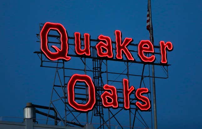 FILE - The Quaker Oats sign is seen in Cedar Rapids, Iowa on Tuesday, June 8, 2021. The Quaker Oats Company has expanded a December recall of more than 40 products that may be contaminated with salmonella to include two dozen additional types of granola bars, cereals and snack foods, Friday, Jan. 12, 2023. (Rebecca F. Miller/The Gazette via AP, File)