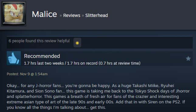 A screenshot shows a Steam user review for Slitterhead.