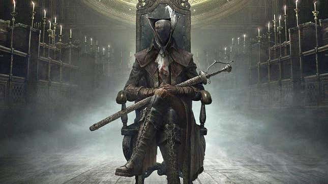 The Hunter sits in a chair inside of a church lit with candles