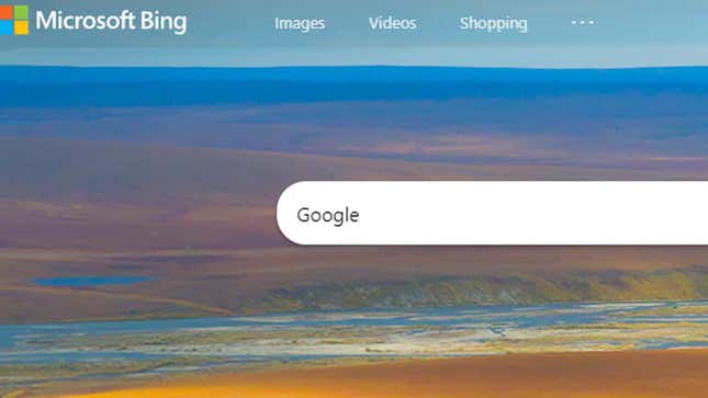 A screenshot of Bing's search bar with Google in the text field. 