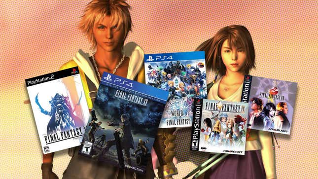 An image shows Final Fantasy covers in front of FFX characters. 