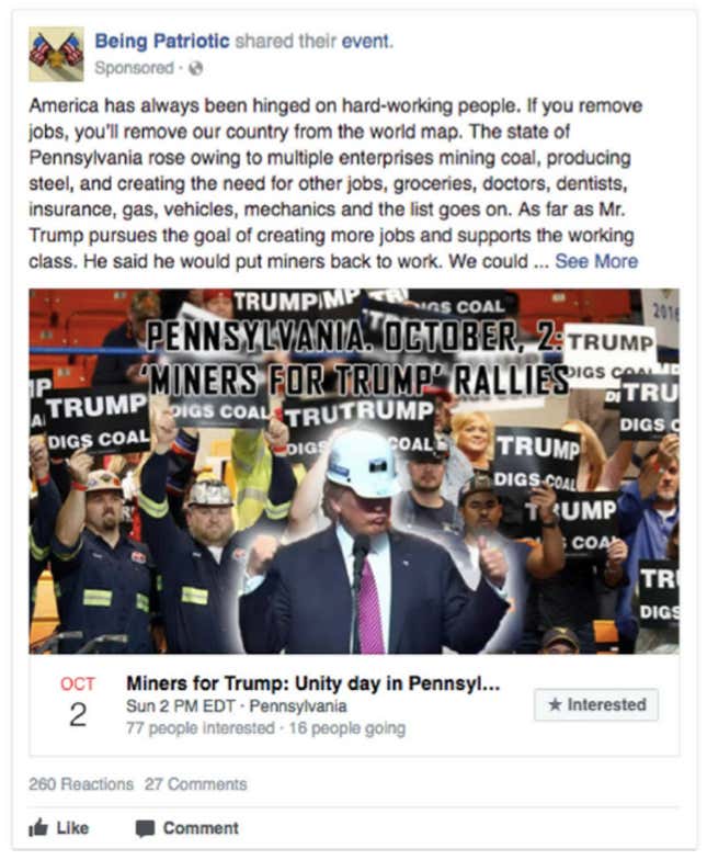 This was an ad for those interested in “Donald Trump,” “manufacturing,” who had a job title of “coal miner” and were located in Pittsburgh, Pennsylvania.