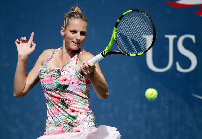 Kristyna Pliskova, of Czech Republic, returns a shot from Misa Eguchi, of Japan, during the first round of the U.S. Open tennis tournament, Monday, Aug. 28, 2017, in New York. (AP Photo/Frank Franklin II)