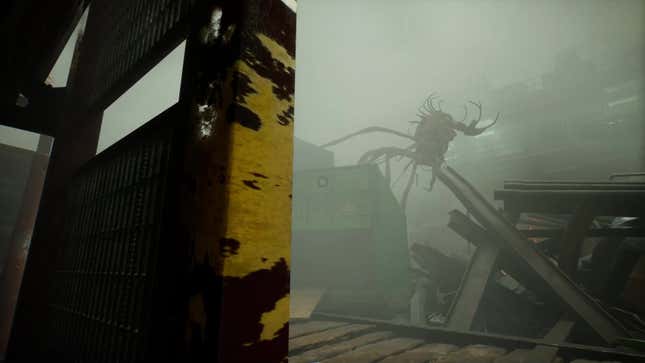 The player leans out to look at a spindly monster.