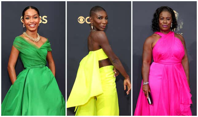 Yara Shahidi, left, Michaela Coel, and Uzo Aduba arrive at the 73rd Primetime Emmy Awards on September 19, 2021 in Los Angeles, Calif.