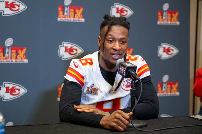 NEW ORLEANS, LOUISIANA - FEBRUARY 06: DeAndre Hopkins #8 of the Kansas City Chiefs speaks during Kansas City Chiefs Media Availability before Super Bowl LIX at New Orleans Marriott on February 06, 2025 in New Orleans, Louisiana.