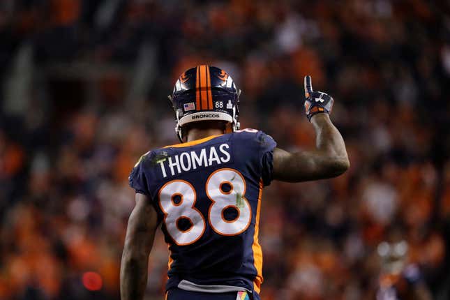 Denver Broncos wide receiver Demaryius Thomas reacts after making a catch during the first half of the team’s NFL football game against the New York Giants on Oct. 15, 2017, in Denver. Thomas, who eared five straight Pro Bowls and a Super Bowl ring during a prolific receiving career spent mostly with the Broncos, has died at the age of 33. Thomas was found dead in his suburban Atlanta home Thursday night, Dec. 9, 2021, said Officer Tim Lupo, public information officer for the police department in Roswell, Ga.