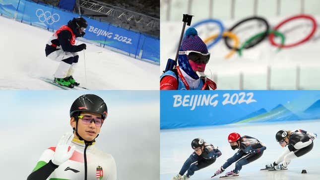 Top left: Team Sweden’s Ludvig Fjallstrom (Maddie Meyer/Getty Images); Top right: An athlete of China Republic during the Biathlon Training Session (Matthias Hangst/Getty Images); Bottom left: Team Hungary’s Shaolin Shandor Liu (David Ramos/Getty Images); Bottom right: Team United States’ Kristen Santos, Eunice Lee, and Corinne Stoddard (David Ramos/Getty Images)