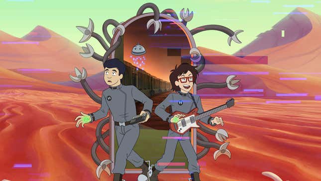 Min-Gi and Ryan from Infinity Train take action poses while holding a device and a guitar, respectively.