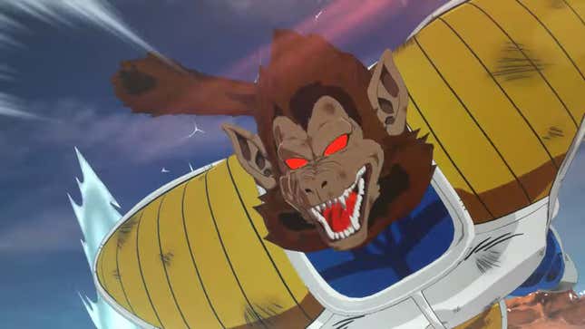 A screenshot of a Dragon Ball Sparking Zero trailer showing Great Ape Vegeta charging at Goku.