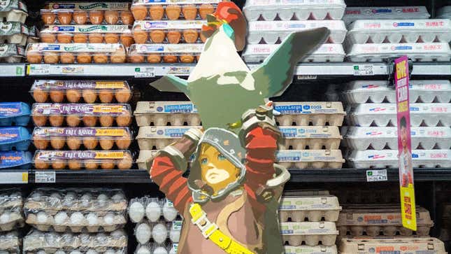 Link holds up a chicken in front of a shelf of eggs. 