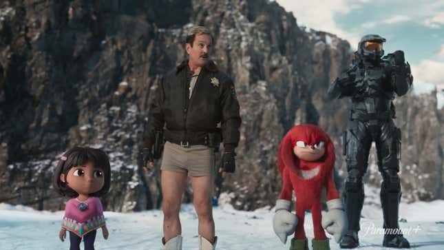 Dora, Jim, Knuckles, and Master Chief stand next to a snowy mountaintop.