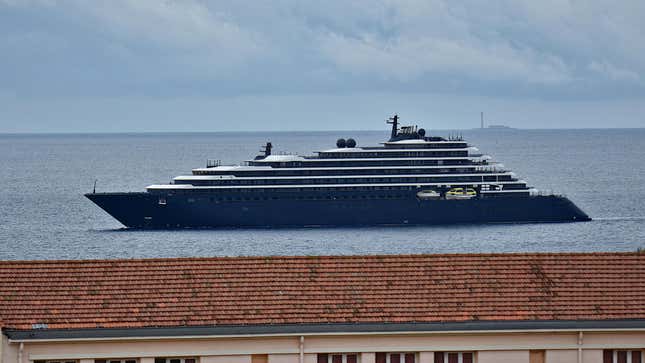 The liner Evrima cruise ship arrives at the French Mediterranean port of Marseille.