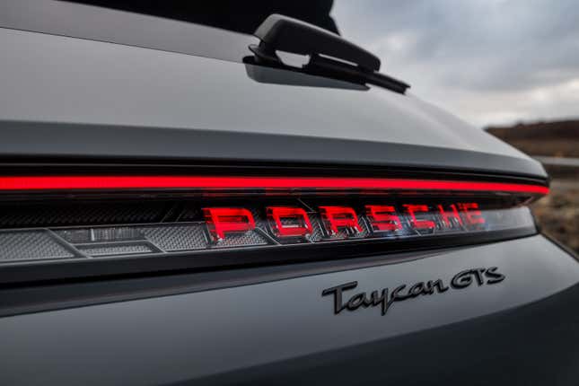 Rear logo of a 2025 Porsche Taycan GTS