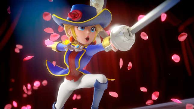 A screenshot of Princess Peach in her swordfighter outfit in Princess Peach: Showtime!