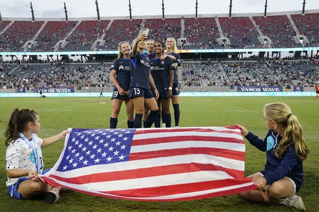 Sep 3, 2023; San Diego, California, USA; San Diego Wave FC team members are are honored for their time playing in the Women   s World Cup at Snapdragon Stadium.