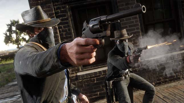 Arthur Morgan involved in a robbery in Red Dead Redemption 2.