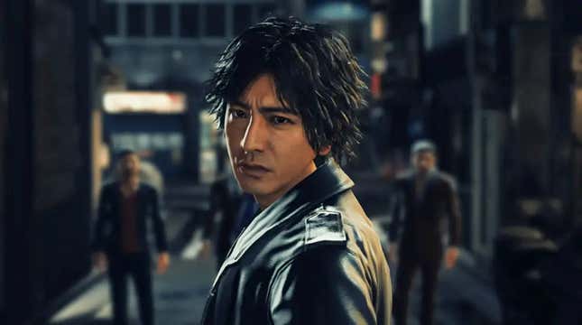 A screenshot of Judgment showing the protagonist Yagami with an ironically judgmental look on his face. A few menacing figures stand in the background.