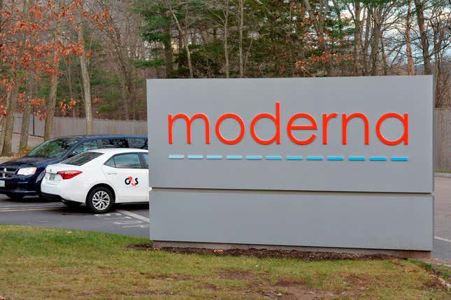 The Moderna logo is seen at the Moderna campus in Norwood, Massachusetts on on Dec. 2, 2020, where the biotechnology company is mass producing its COVID-19 vaccine. 