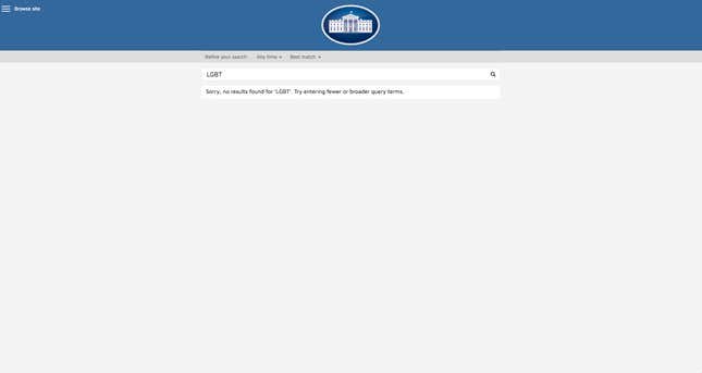 whitehouse.gov search result for LGBT as of Jan. 24, 2017.