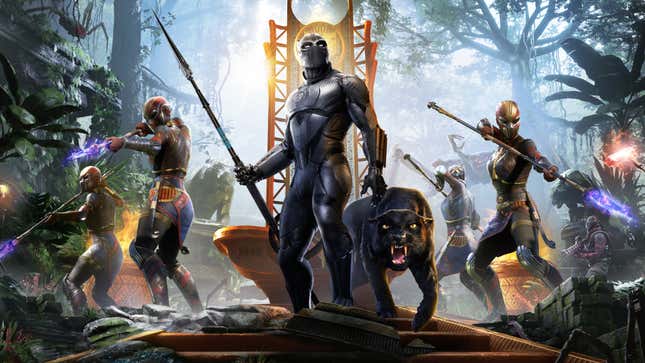 Marvel hero Black Panther stands proudly in front of his throne with a large cat and several spear-wielding Wakandan warriors.